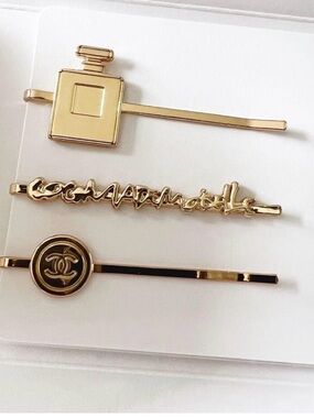 CHANEL Gold Logo and Perfume Bottle Hair Pin Trio